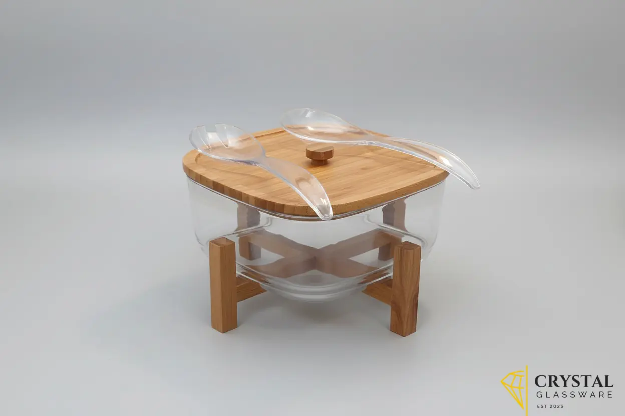 Glass or acrylic salad bowl featuring a natural wood stand
